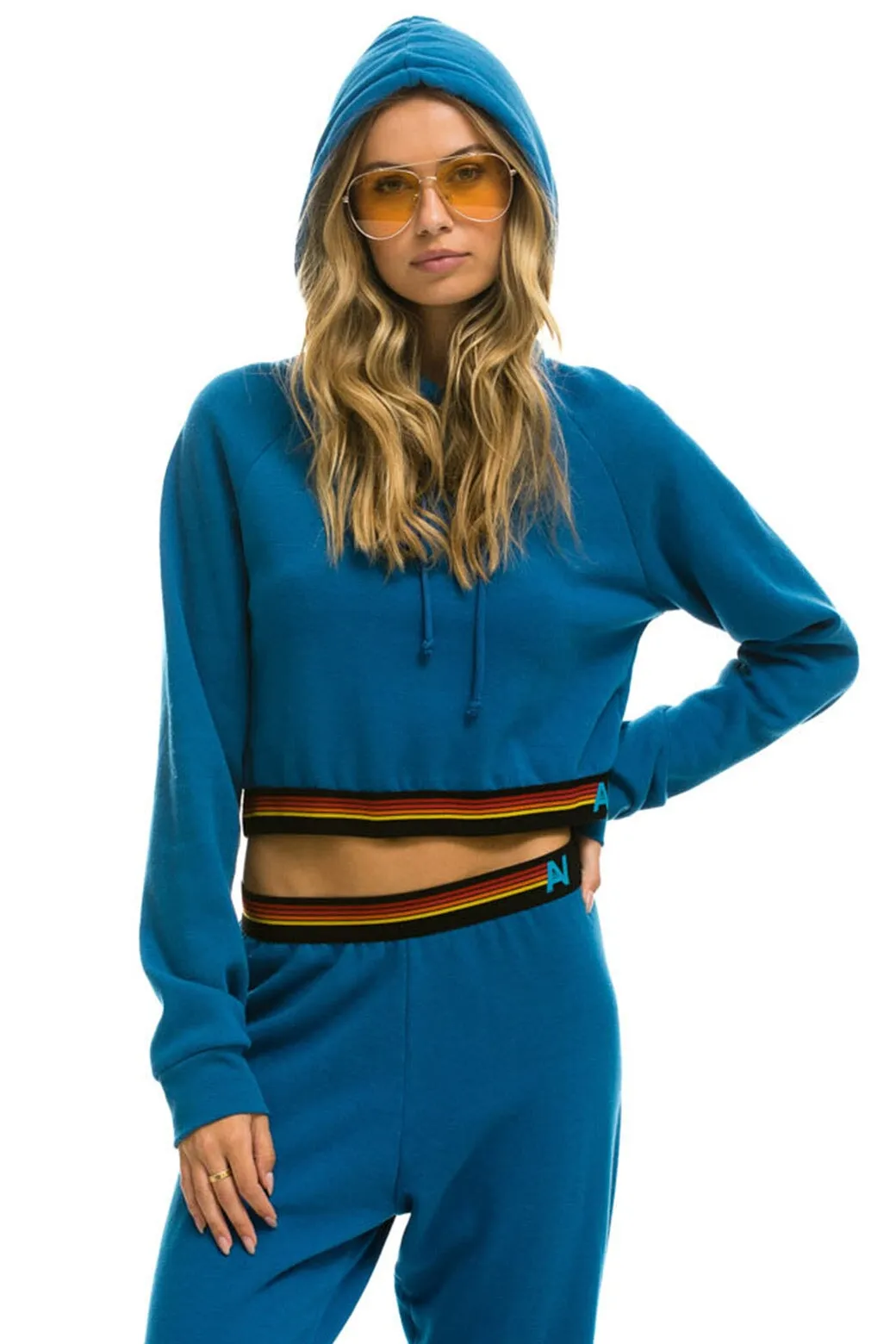 LOGO STRIPE CROP PULLOVER HOODIE - CARIBBEAN