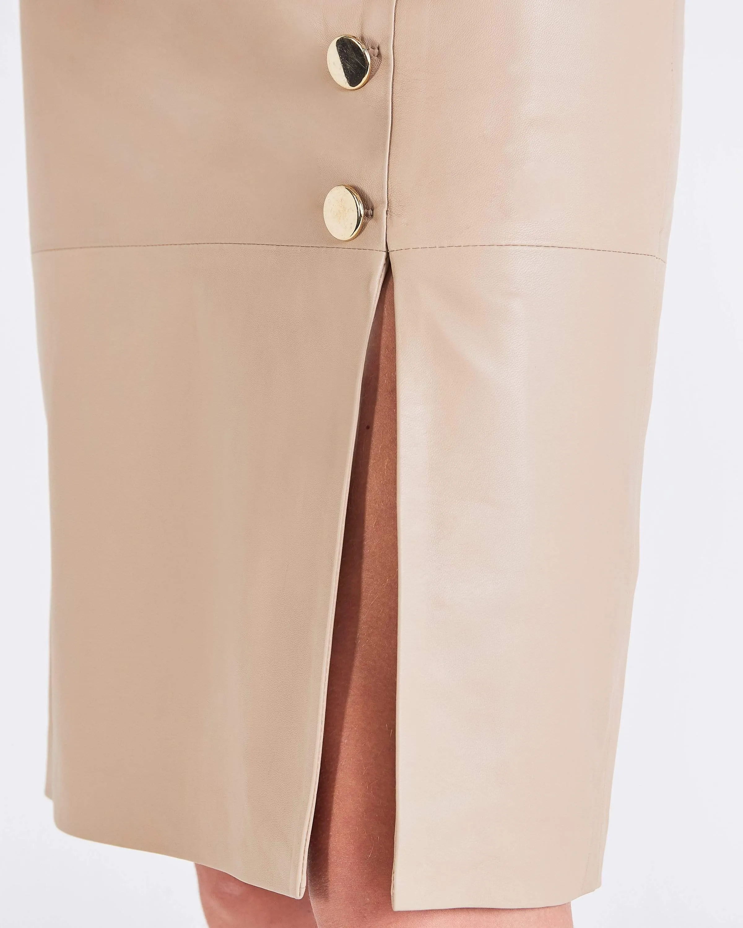 Lucy BUTTON FRONT LEATHER SKIRT - BEIGE