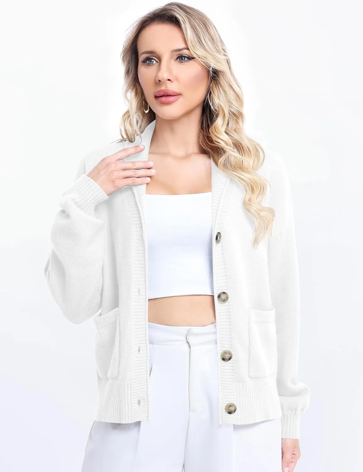 LUYAA Women's Cardigan Sweaters 2024 Oversized Open Front Button V Neck Lightweight Cardigans Outerwear