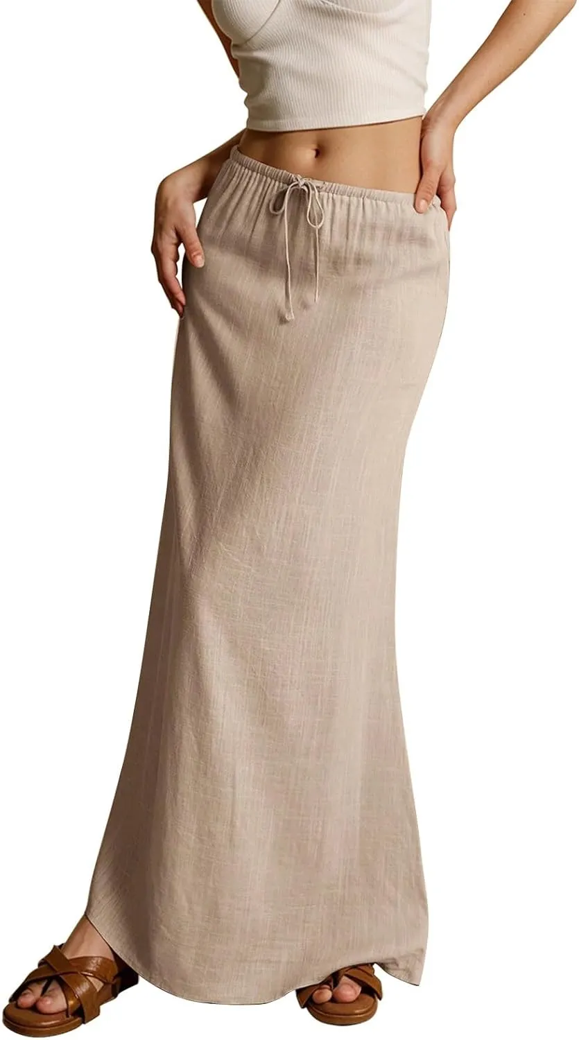 Maxi Skirts for Women Womens Trendy Summer Comfy Drawstring Waist A Line Skirts Cute Vacation Long Flowy Skirt