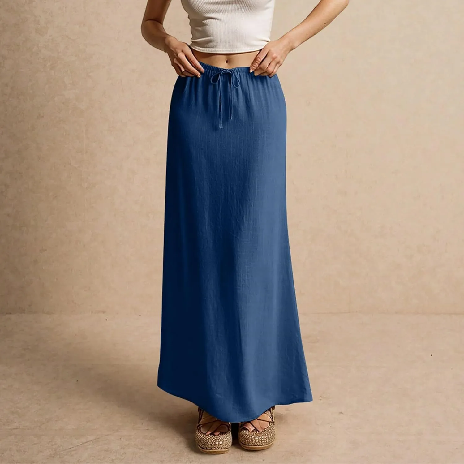 Maxi Skirts for Women Womens Trendy Summer Comfy Drawstring Waist A Line Skirts Cute Vacation Long Flowy Skirt