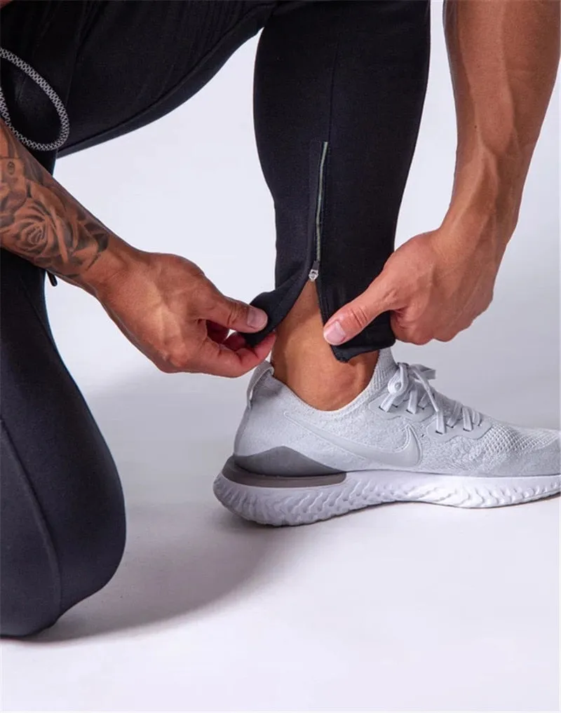 Men Sports Running Pants Pockets Athletic Training Side Zipper Pants Elasticity Legging Jogging Gym Trousers