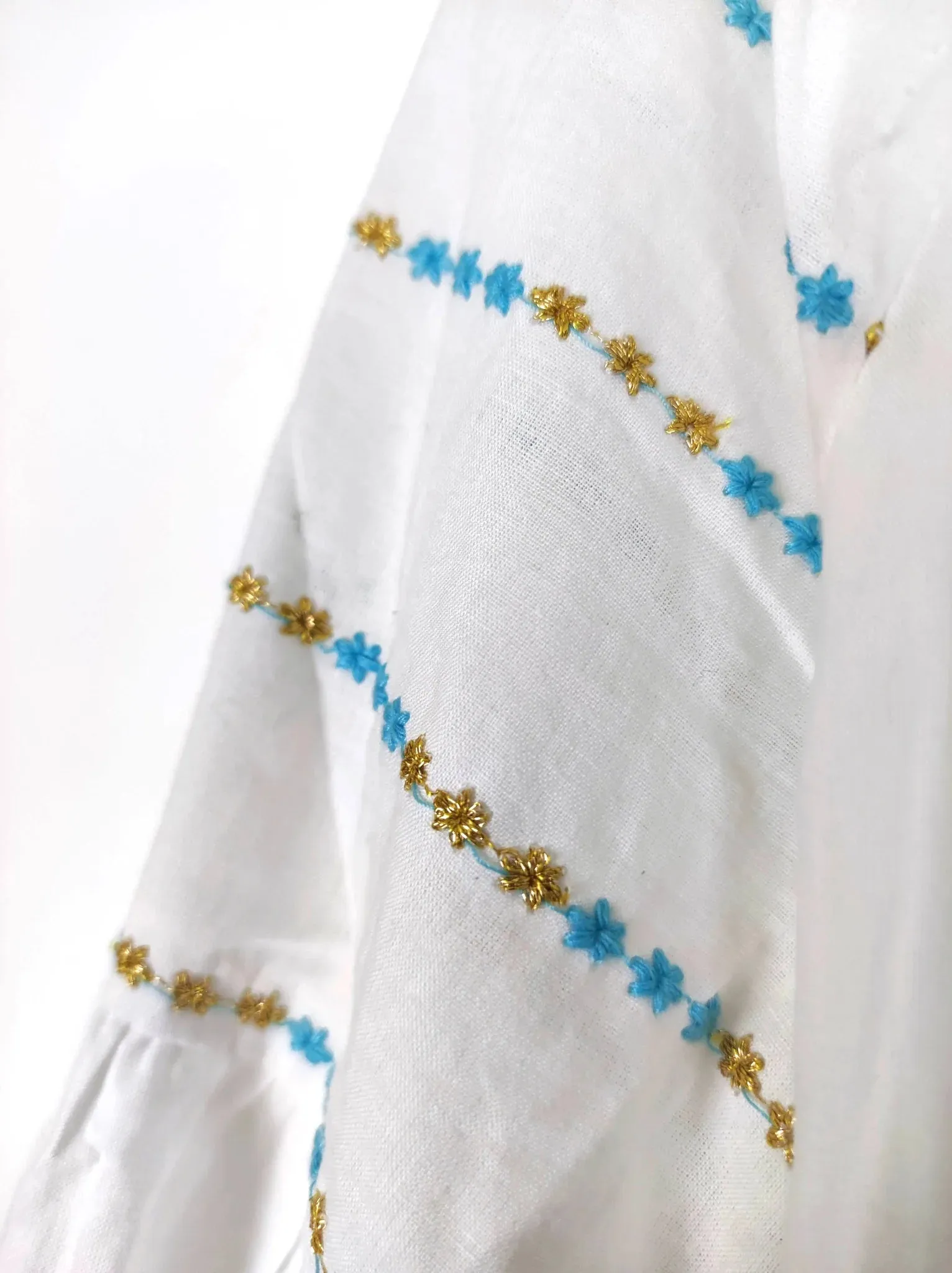 Organic Cotton Embroidered Blouse | White/Sea Green