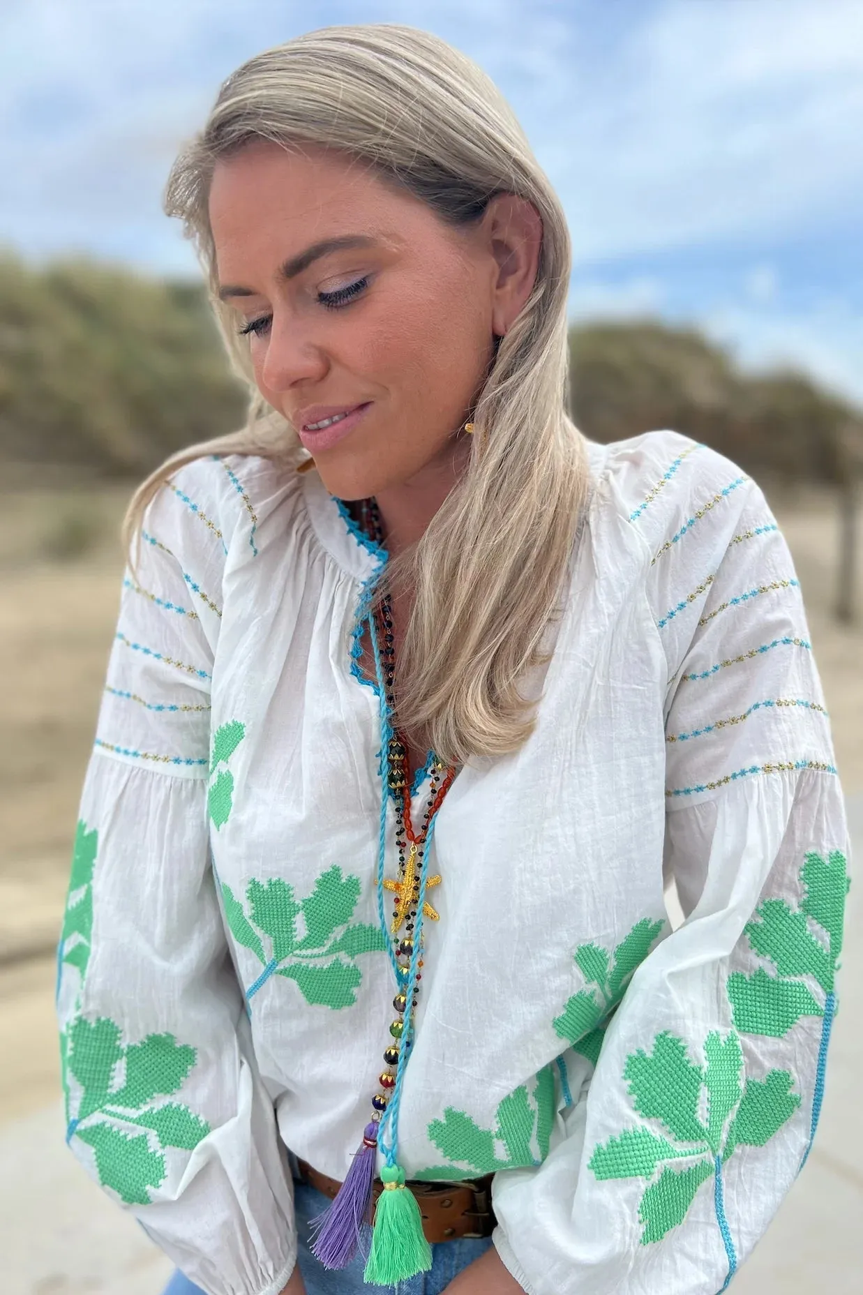 Organic Cotton Embroidered Blouse | White/Sea Green