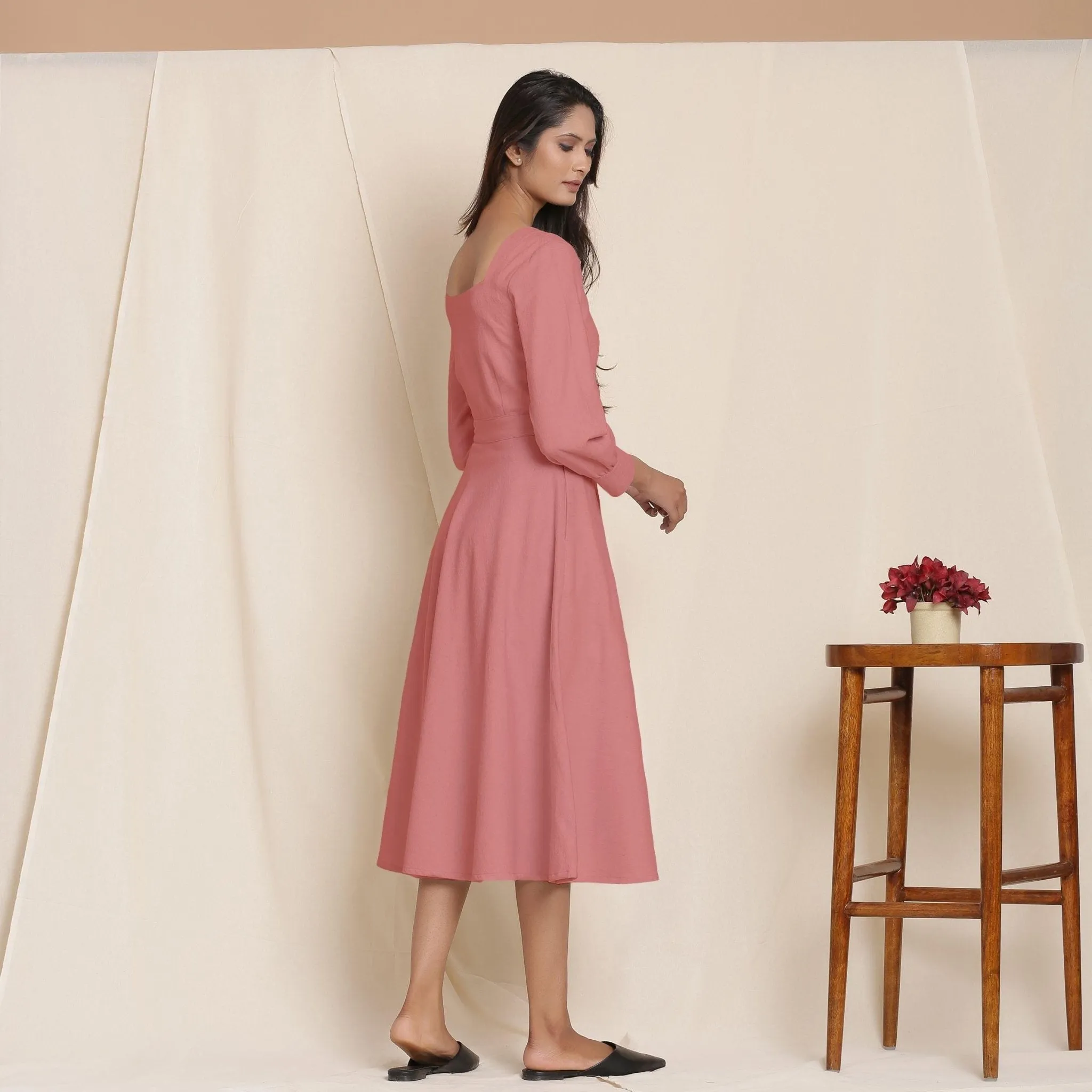 Pink Warm Cotton Flannel Fit and Flare Midi Dress