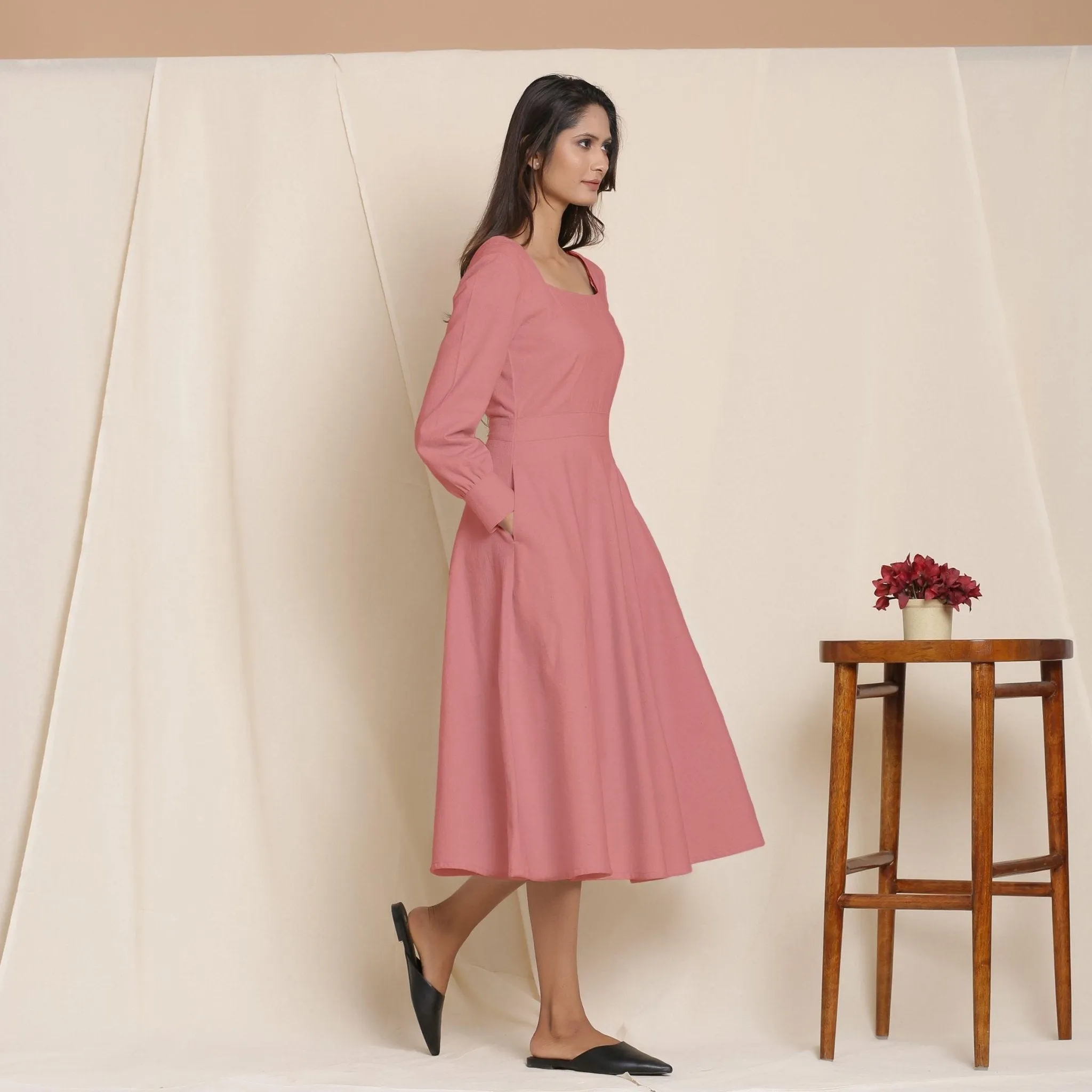 Pink Warm Cotton Flannel Fit and Flare Midi Dress