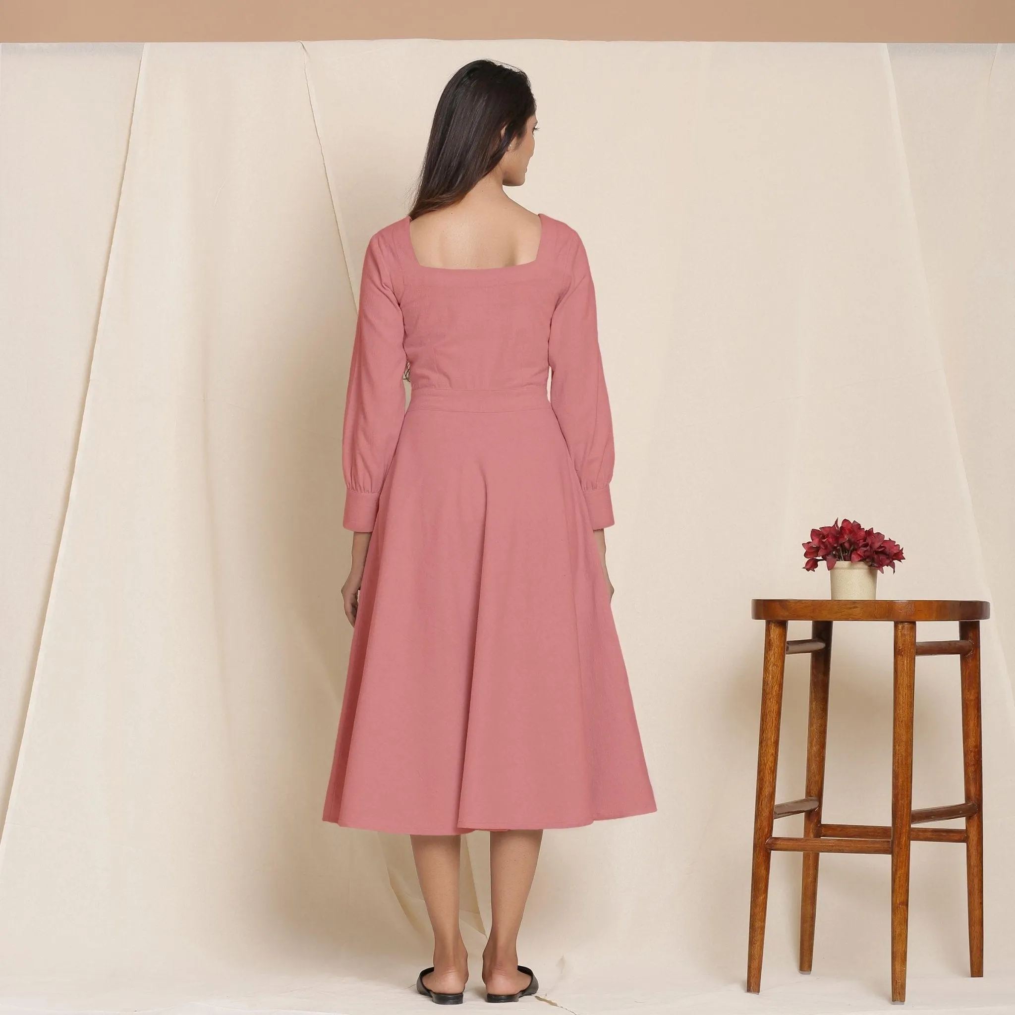 Pink Warm Cotton Flannel Fit and Flare Midi Dress
