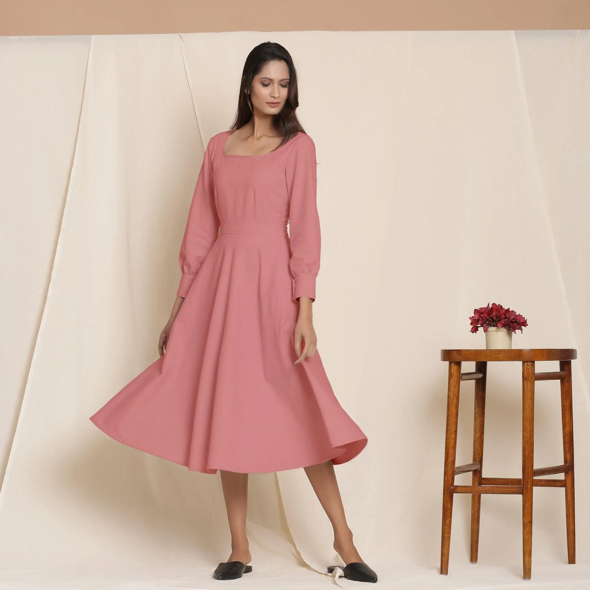 Pink Warm Cotton Flannel Fit and Flare Midi Dress