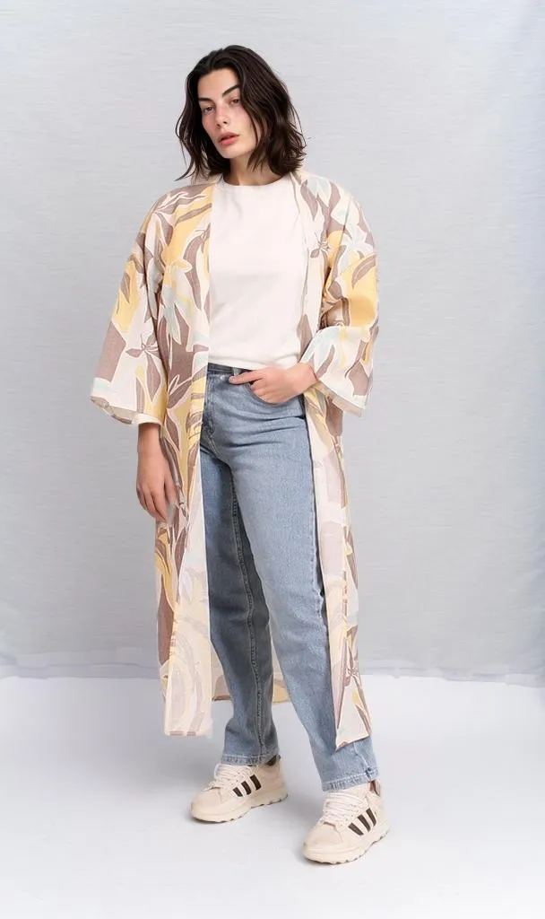 R206070 - Printed Kimono - Yellow Leaf Pattern