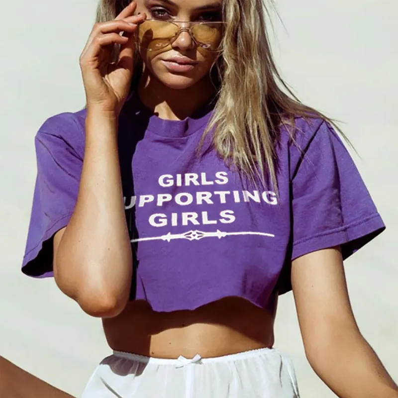 Scoop Loose Letter Short Sleeves High Neck Crop Top