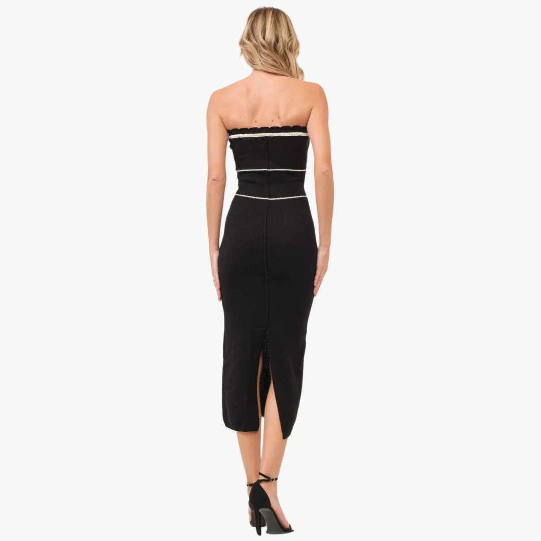 Strapless Knitted Contrast Tie Dress (Black   Off White)