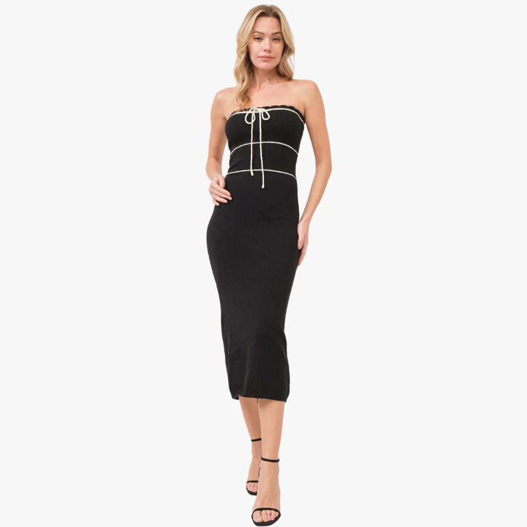 Strapless Knitted Contrast Tie Dress (Black   Off White)