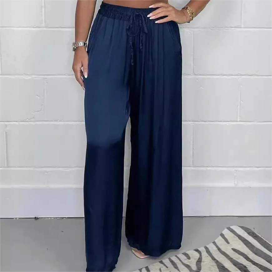 Stylish Drawstring Waist Straight Leg Smooth Loose Trousers with Pockets