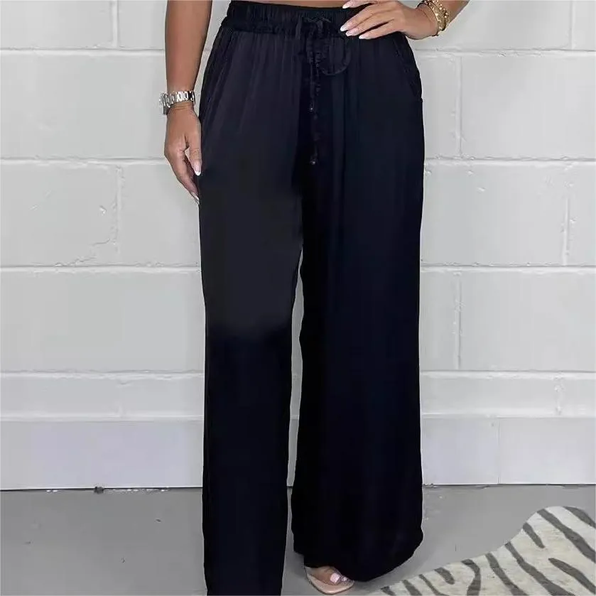 Stylish Drawstring Waist Straight Leg Smooth Loose Trousers with Pockets