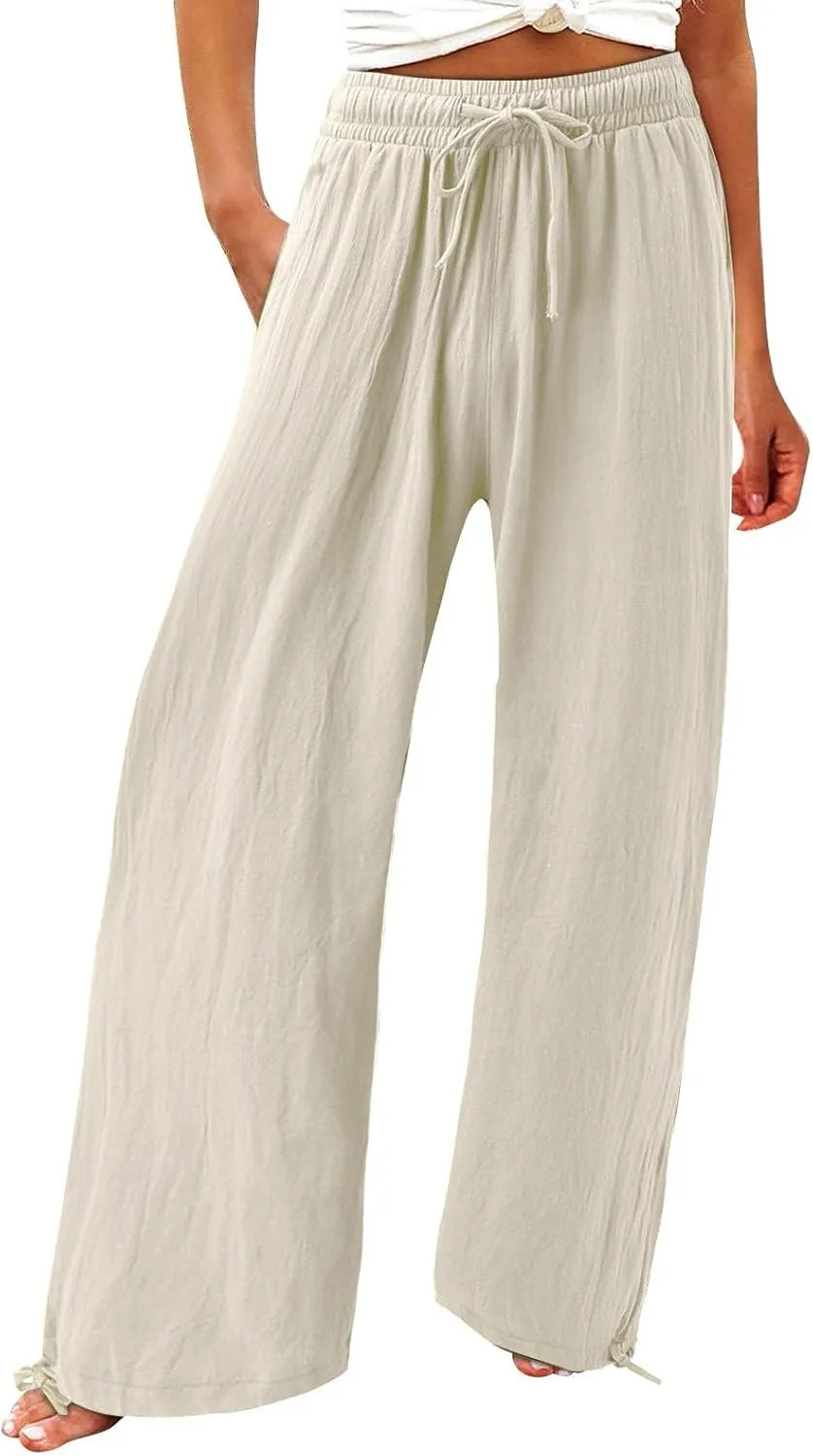 Wide Leg Linen Pants for Women 2025 Summer Casual High Waisted Palazzo Pants Boho Beach Flowy Pants with Pockets