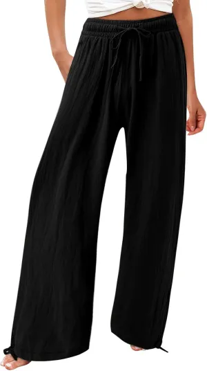 Wide Leg Linen Pants for Women 2025 Summer Casual High Waisted Palazzo Pants Boho Beach Flowy Pants with Pockets