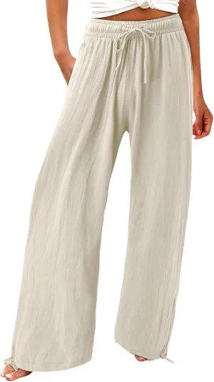 Wide Leg Linen Pants for Women 2025 Summer Casual High Waisted Palazzo Pants Boho Beach Flowy Pants with Pockets