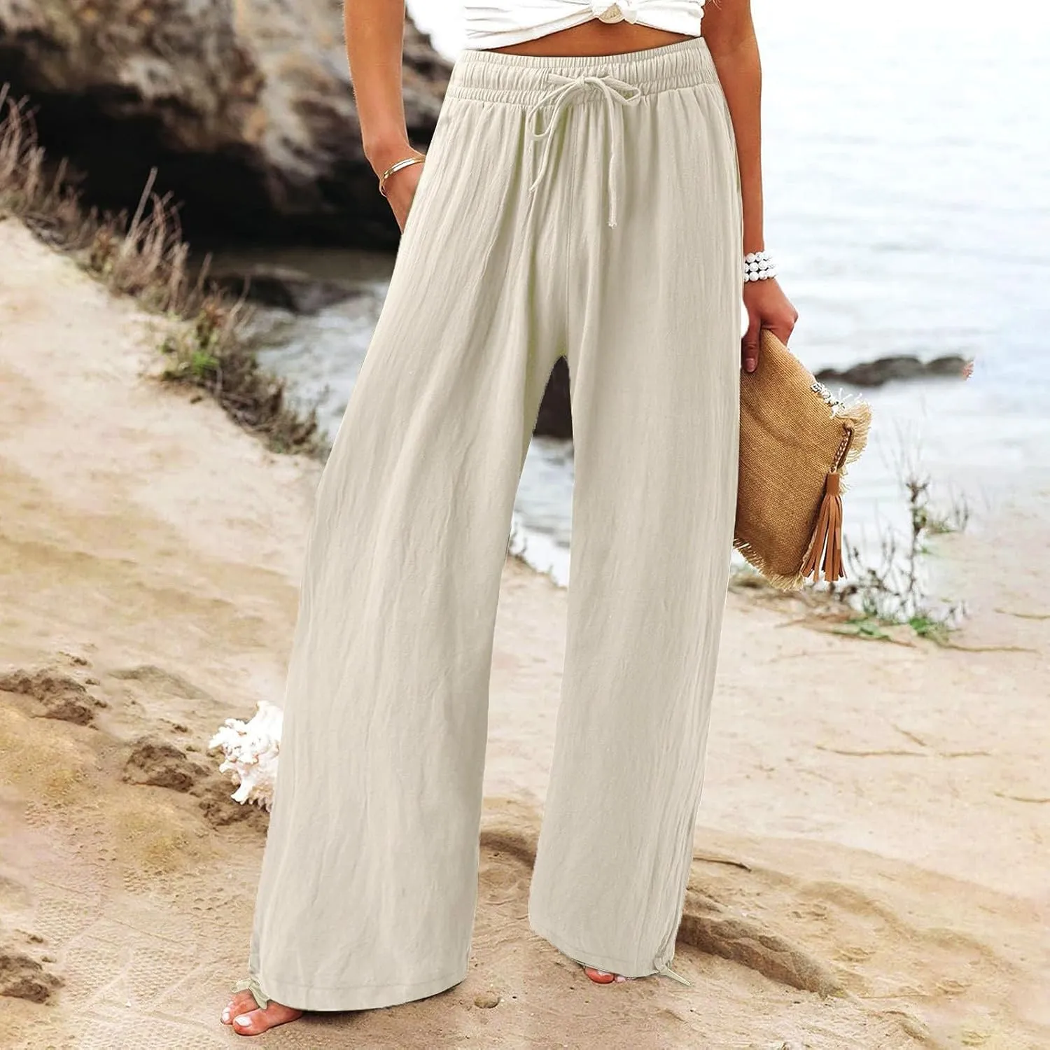 Wide Leg Linen Pants for Women 2025 Summer Casual High Waisted Palazzo Pants Boho Beach Flowy Pants with Pockets