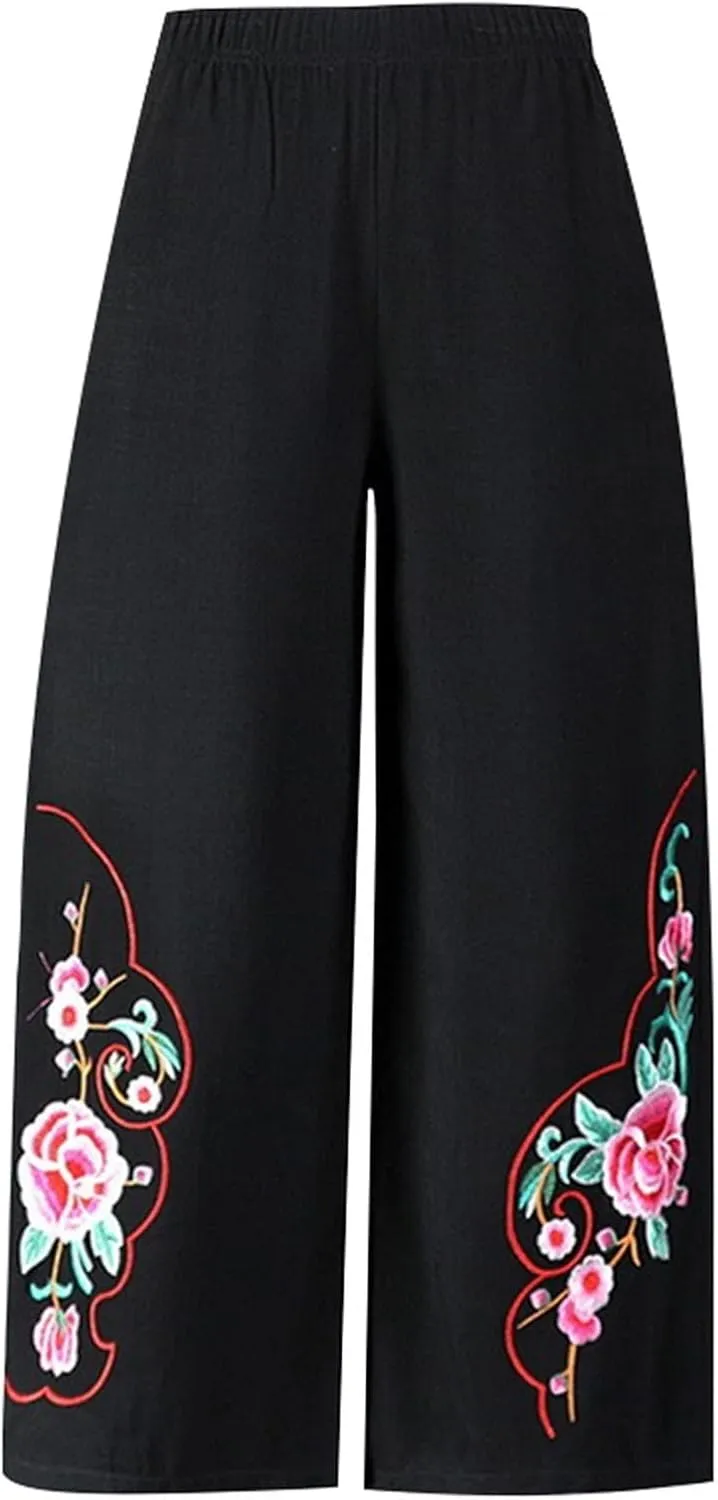 Women Floral Embroidery Casual Pants Cotton Linen Summer Trousers Flowy Wide Leg Pants with Pockets (Pink, One Size)