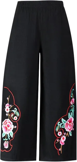 Women Floral Embroidery Casual Pants Cotton Linen Summer Trousers Flowy Wide Leg Pants with Pockets (Pink, One Size)