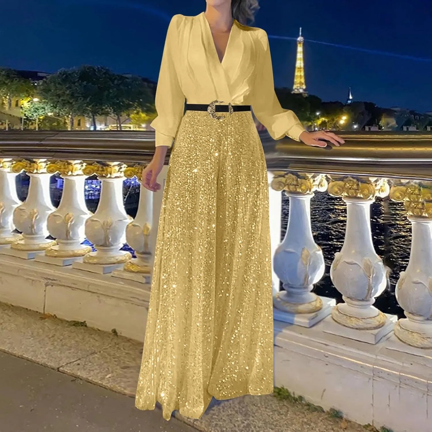 Women Sequins Jumpsuits Clubwear Long Sleeve V-Neck Party Evening Outfit Belted High Waist Wide Leg Trouser Pantsuits