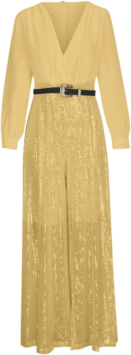Women Sequins Jumpsuits Clubwear Long Sleeve V-Neck Party Evening Outfit Belted High Waist Wide Leg Trouser Pantsuits