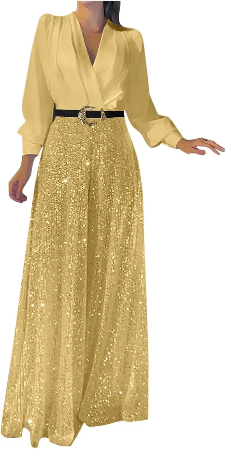 Women Sequins Jumpsuits Clubwear Long Sleeve V-Neck Party Evening Outfit Belted High Waist Wide Leg Trouser Pantsuits