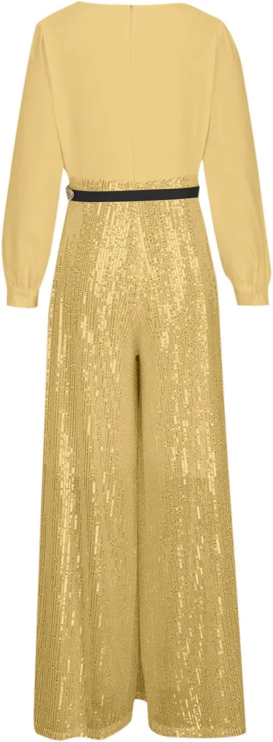 Women Sequins Jumpsuits Clubwear Long Sleeve V-Neck Party Evening Outfit Belted High Waist Wide Leg Trouser Pantsuits