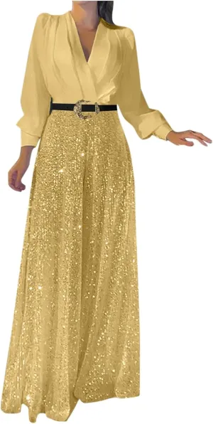 Women Sequins Jumpsuits Clubwear Long Sleeve V-Neck Party Evening Outfit Belted High Waist Wide Leg Trouser Pantsuits