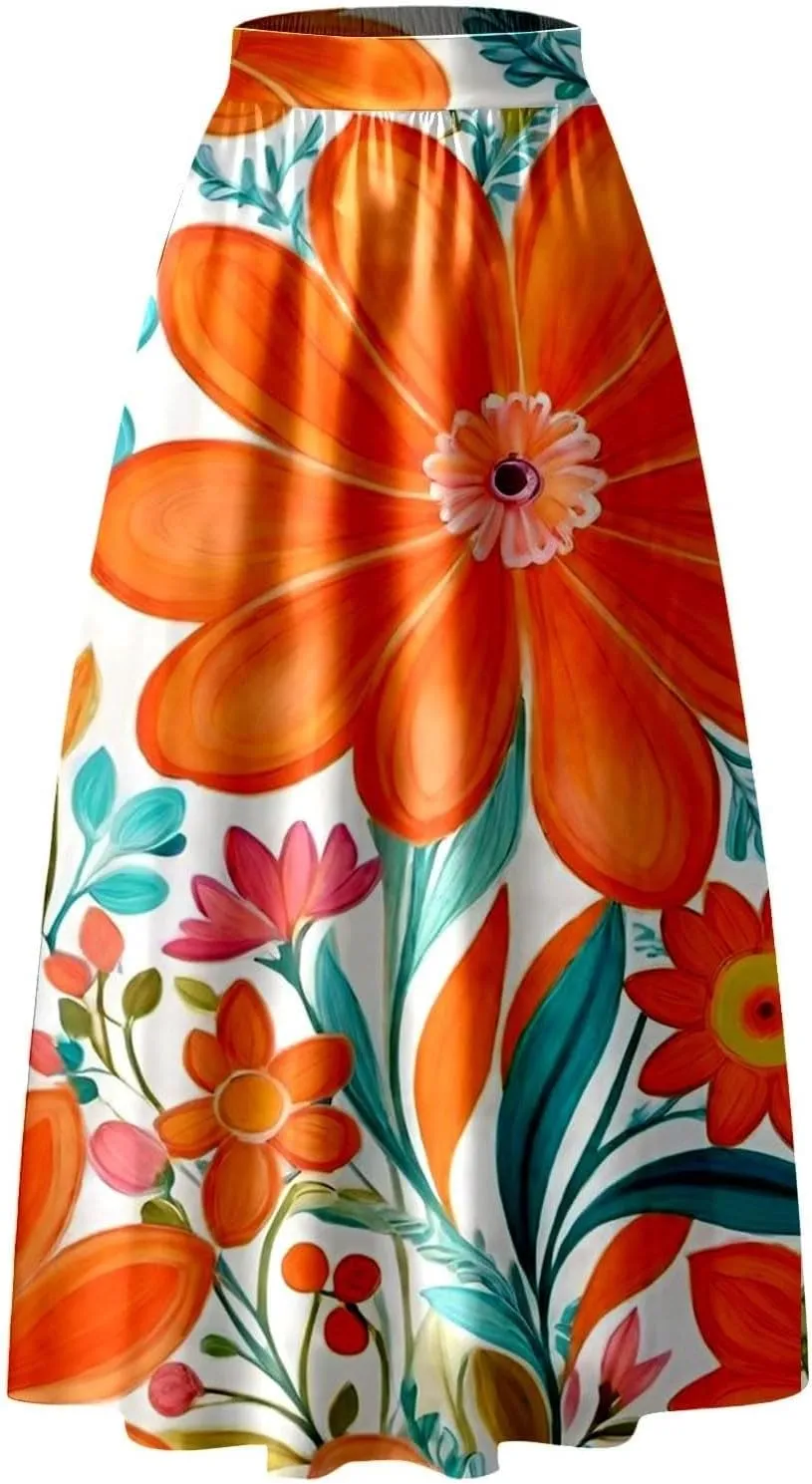 Womens Bohemian Flowy Floral Print Boho Long Maxi Skirts for Women Trendy Summer Casual Pleated Skirt Dress 2025