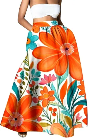 Womens Bohemian Flowy Floral Print Boho Long Maxi Skirts for Women Trendy Summer Casual Pleated Skirt Dress 2025