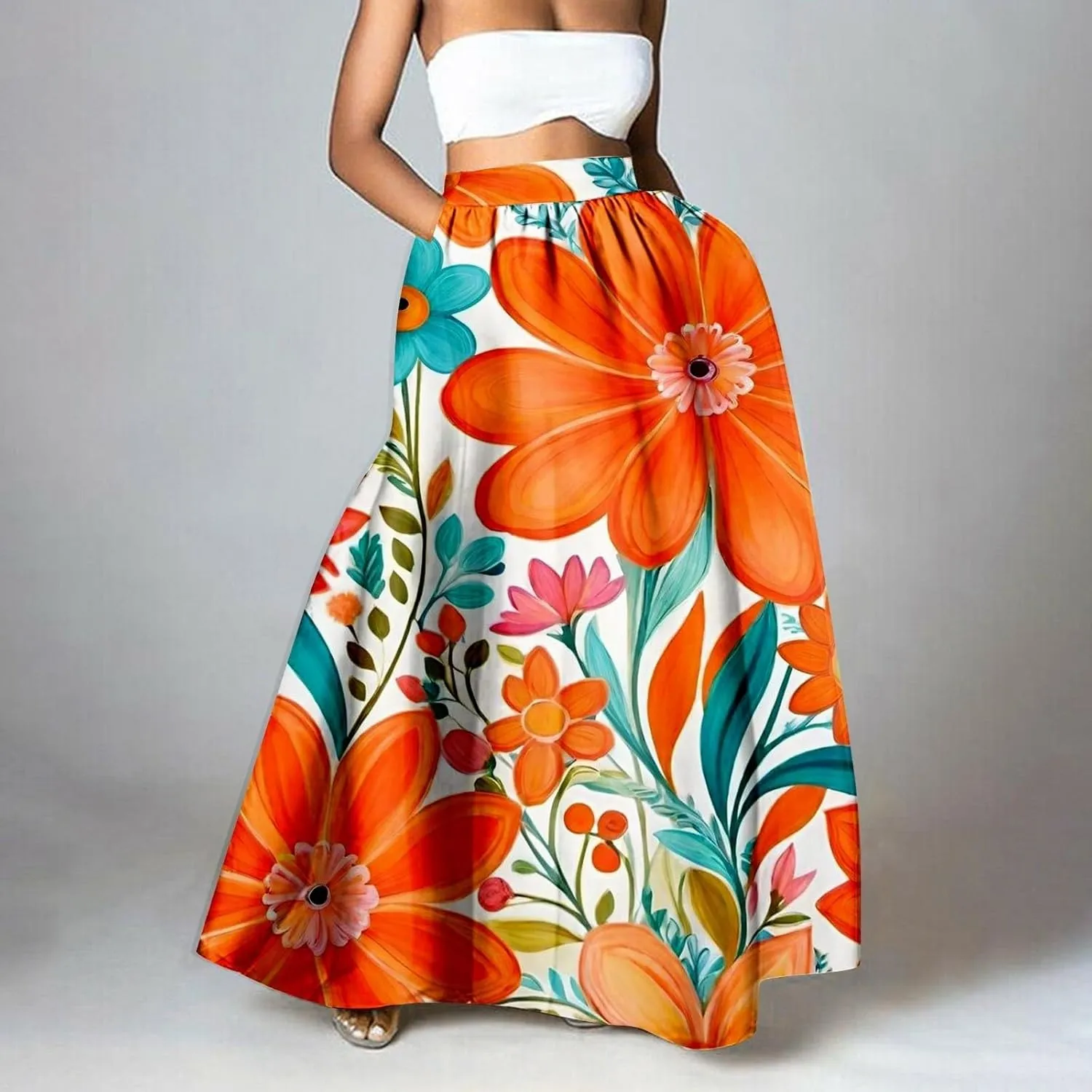 Womens Bohemian Flowy Floral Print Boho Long Maxi Skirts for Women Trendy Summer Casual Pleated Skirt Dress 2025