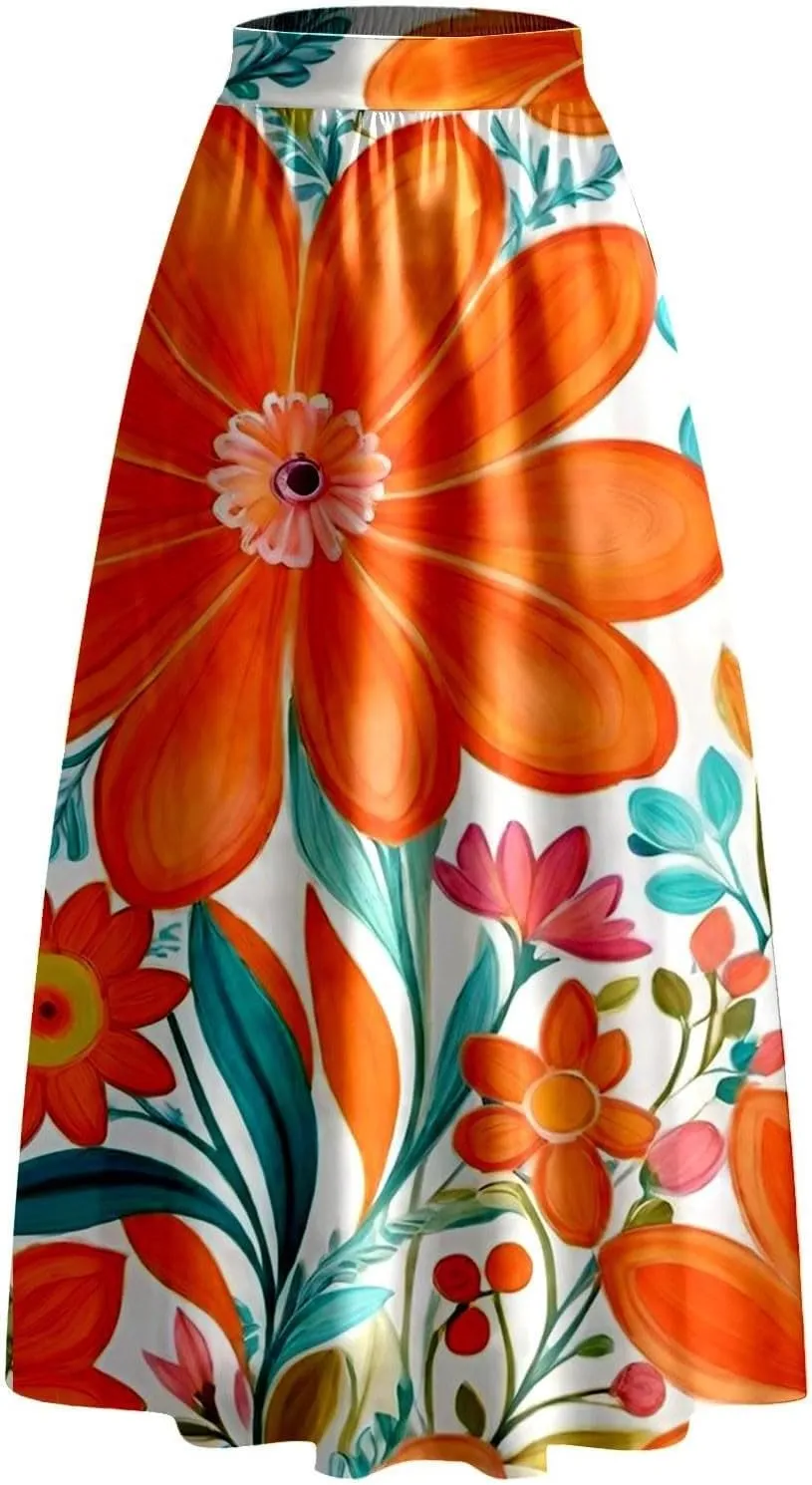 Womens Bohemian Flowy Floral Print Boho Long Maxi Skirts for Women Trendy Summer Casual Pleated Skirt Dress 2025