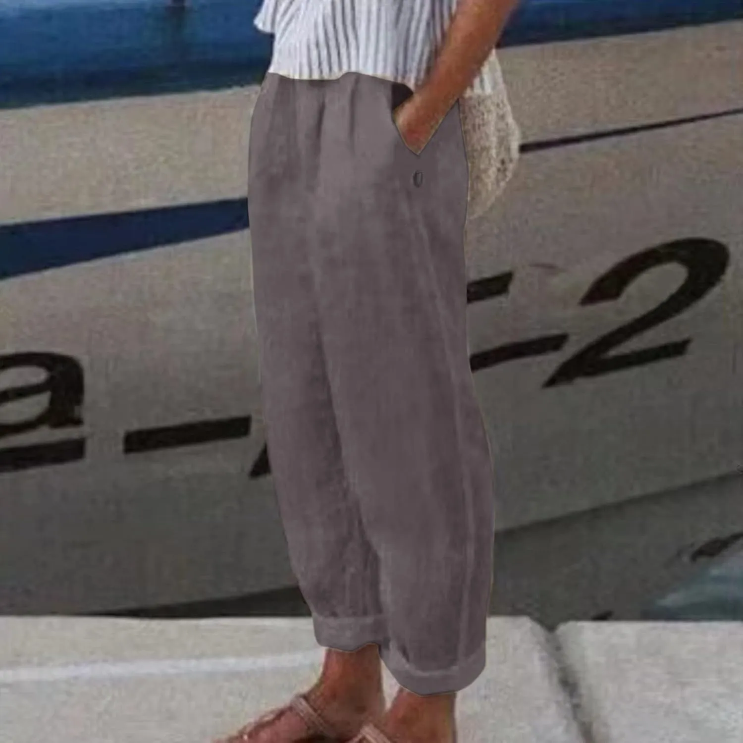 Womens Cotton Linen Pants Summer Casual Loose Beach Pant Lightweight High Waist Cropped Baggy Trousers with Pockets