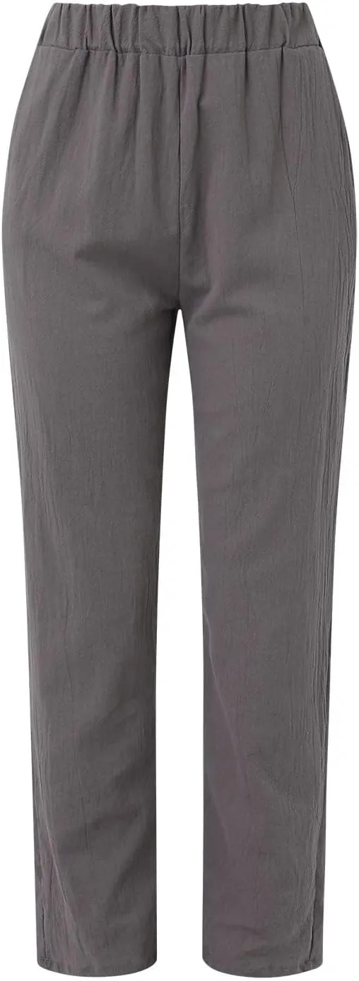 Womens Cotton Linen Pants Summer Casual Loose Beach Pant Lightweight High Waist Cropped Baggy Trousers with Pockets