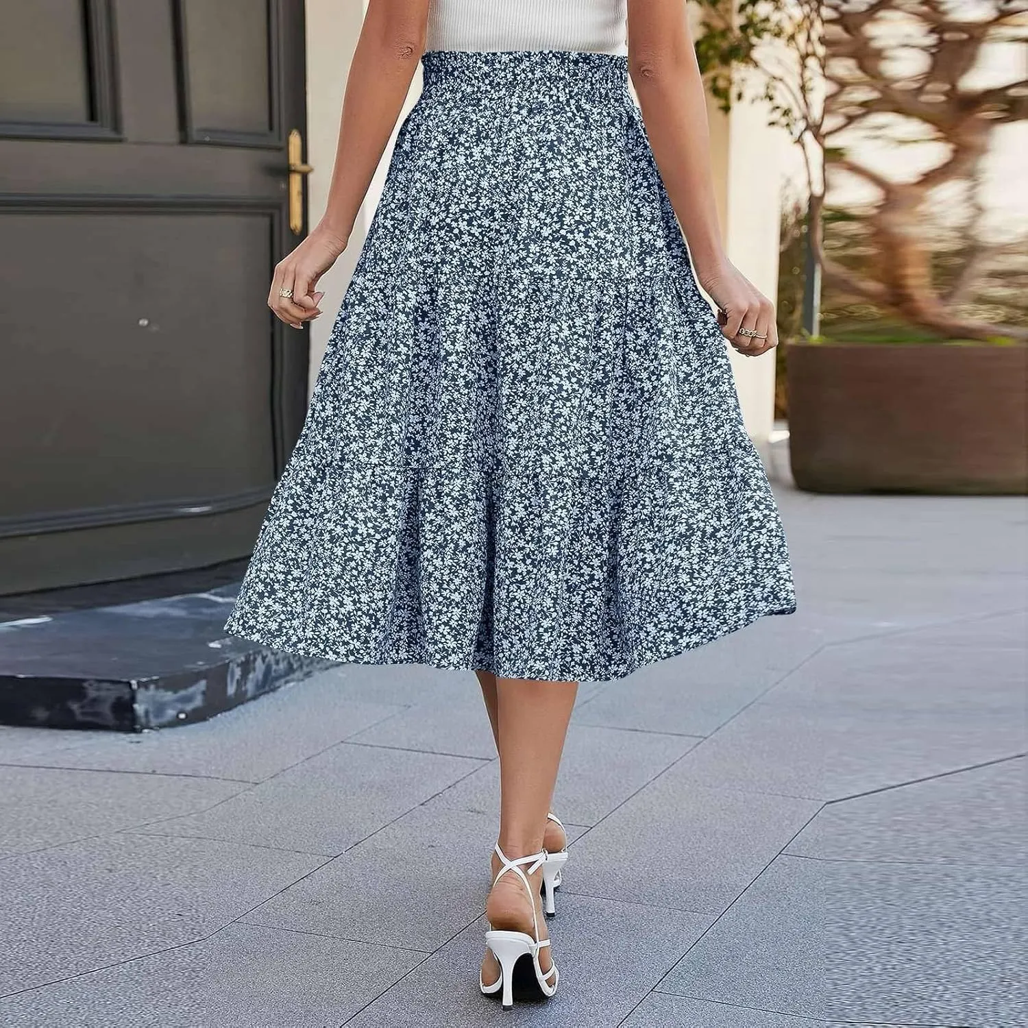 Womens Maxi Skirt 2025 Summer Comfy Tiered Elastic High Waisted Skirts Floral Boho Beach Vacation Long Skirts