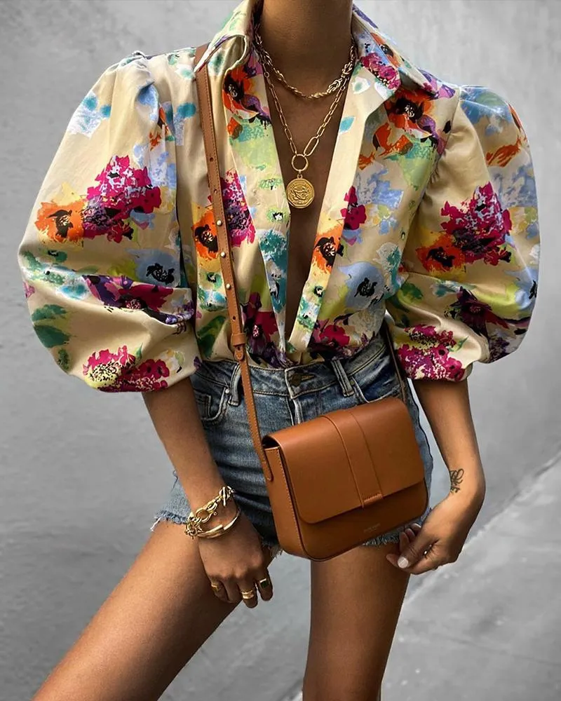 xakxx xakxx Elegant Print Puffed Sleeve Blouse Top Autumn Womens Turn-Down Collars Half Sleeve Tie Dye Blouses Shirt Outwears