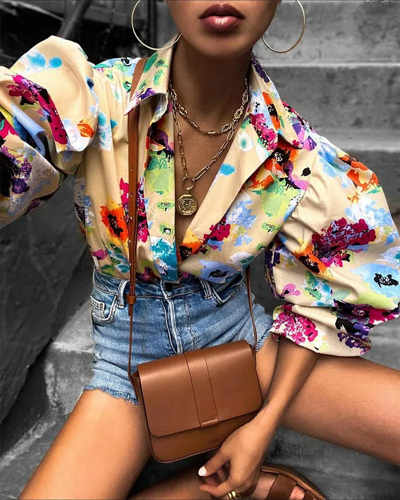 xakxx xakxx Elegant Print Puffed Sleeve Blouse Top Autumn Womens Turn-Down Collars Half Sleeve Tie Dye Blouses Shirt Outwears