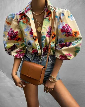 xakxx xakxx Elegant Print Puffed Sleeve Blouse Top Autumn Womens Turn-Down Collars Half Sleeve Tie Dye Blouses Shirt Outwears